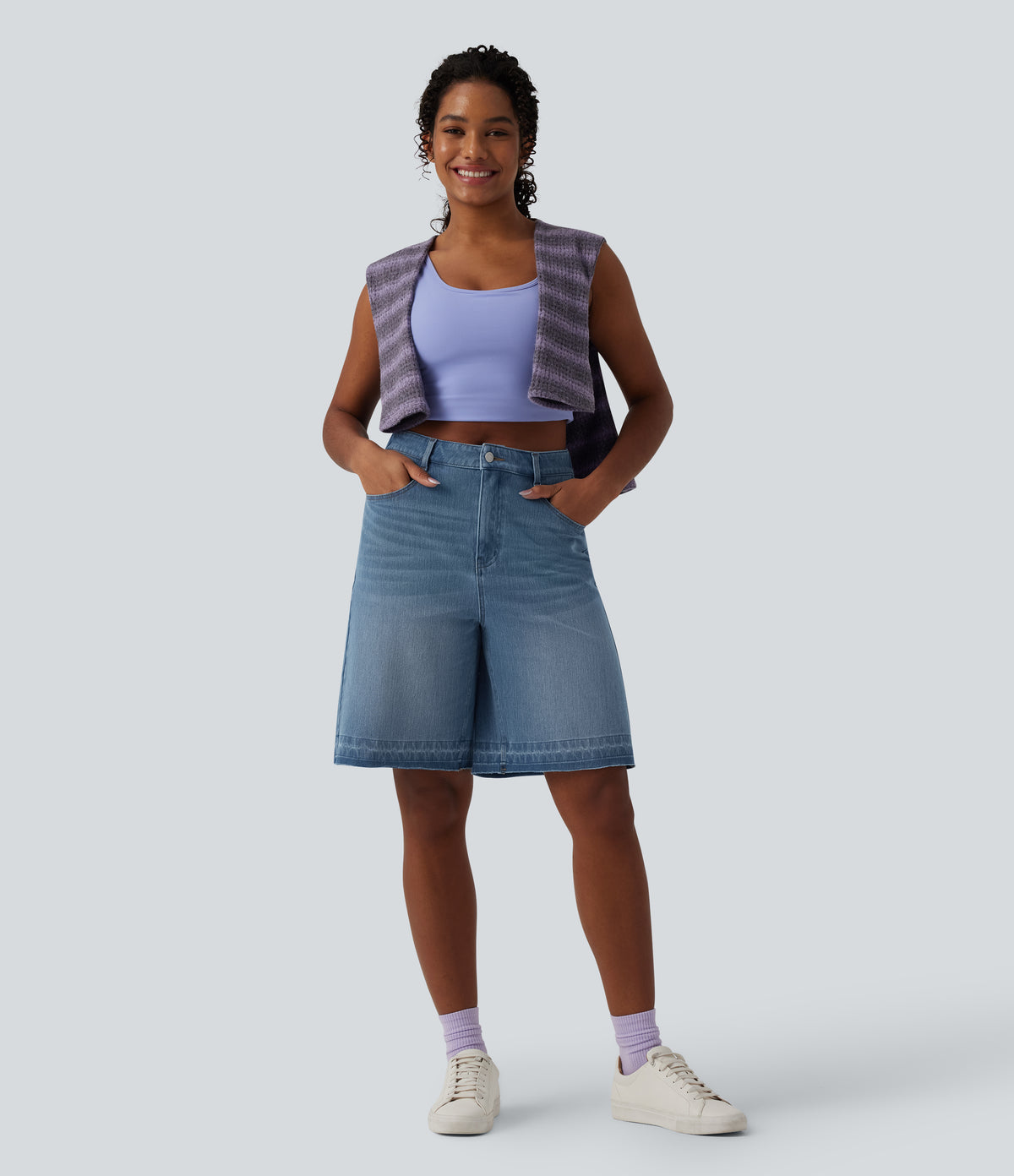 High Waisted Denim Casual Bermuda Shorts with Pockets — Malibu Blue Denim — view 6