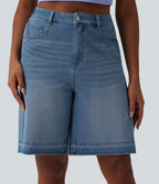High Waisted Denim Casual Bermuda Shorts with Pockets — Malibu Blue Denim — view 3