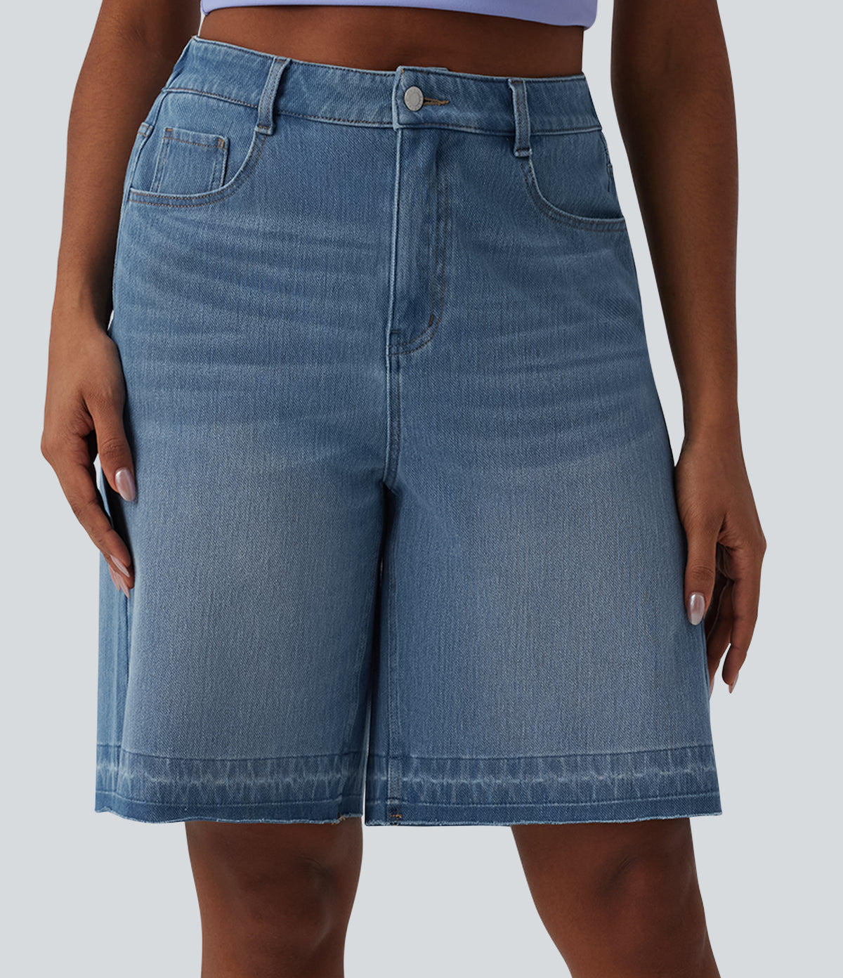 High Waisted Denim Casual Bermuda Shorts with Pockets — Malibu Blue Denim — view 3