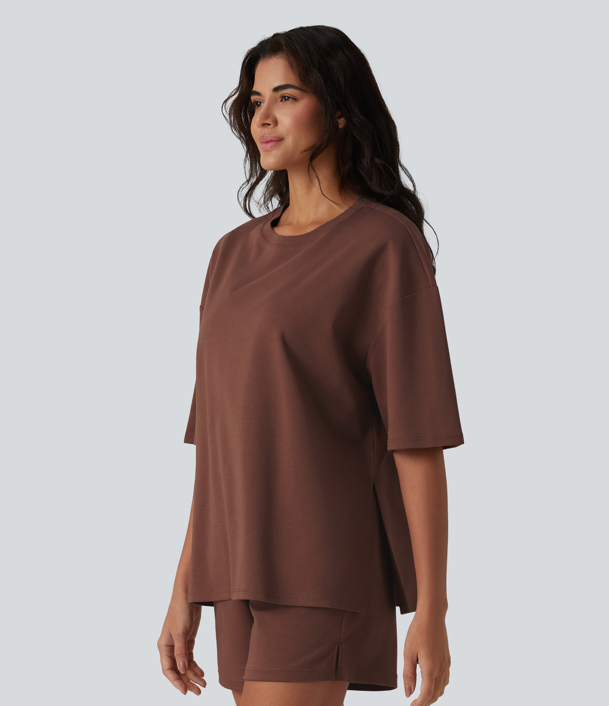 Round Neck Half Sleeve Oversize Quick Dry Casual Cotton T-Shirt — Root Beer — view 1