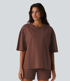 Round Neck Half Sleeve Oversize Quick Dry Casual Cotton T-Shirt — Root Beer — view 3