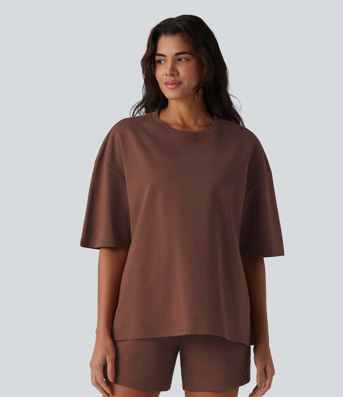 Round Neck Half Sleeve Oversize Quick Dry Casual Cotton T-Shirt — Root Beer — view 3