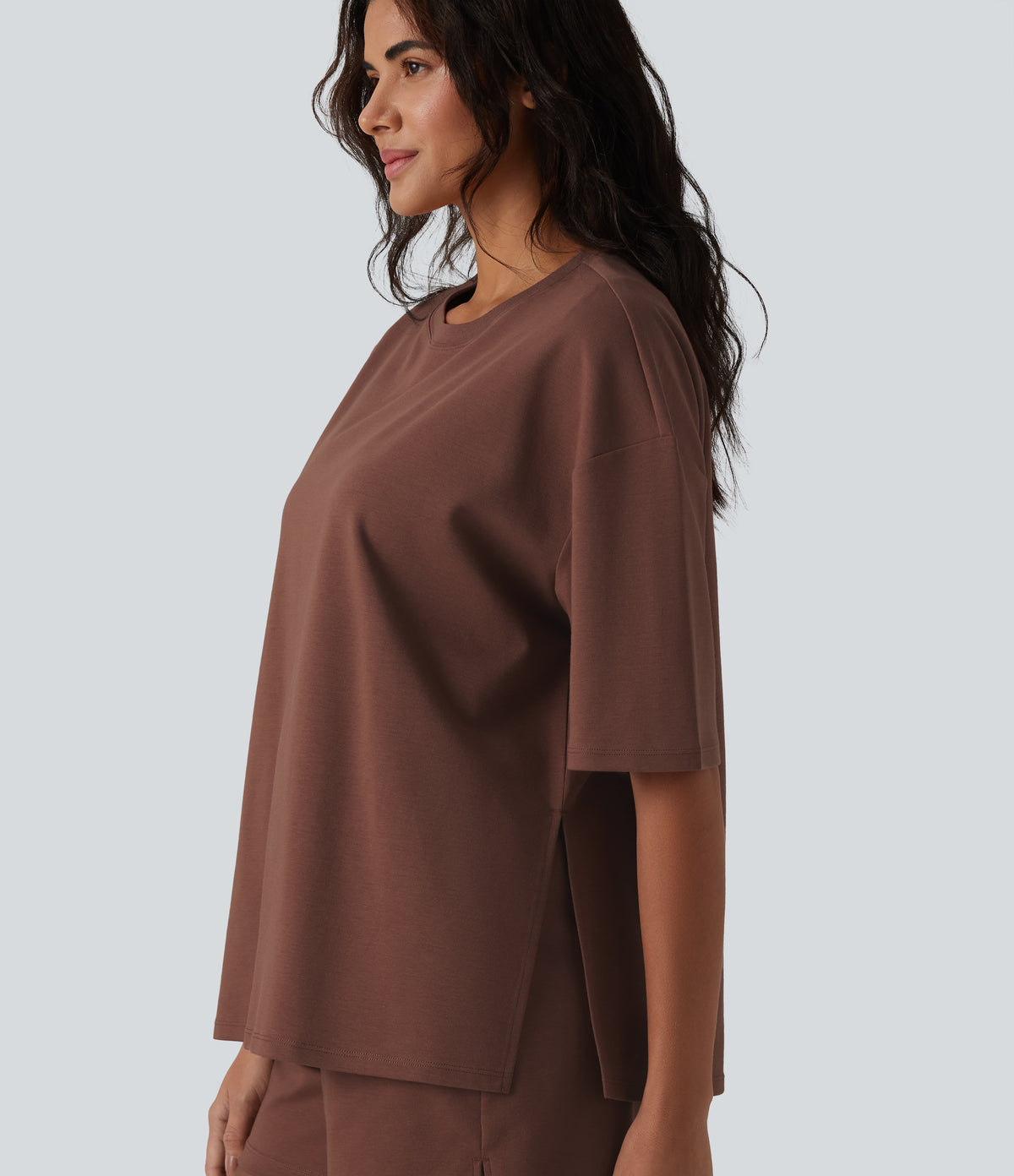 Round Neck Half Sleeve Oversize Quick Dry Casual Cotton T-Shirt — Root Beer — view 4