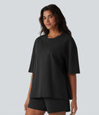 Round Neck Half Sleeve Oversize Quick Dry Casual Cotton T-Shirt — Black — view 6
