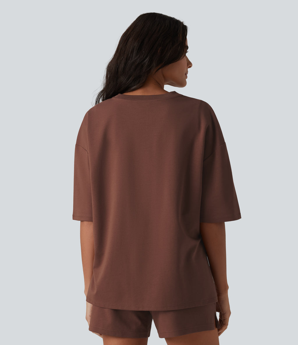 Round Neck Half Sleeve Oversize Quick Dry Casual Cotton T-Shirt — Root Beer — view 2