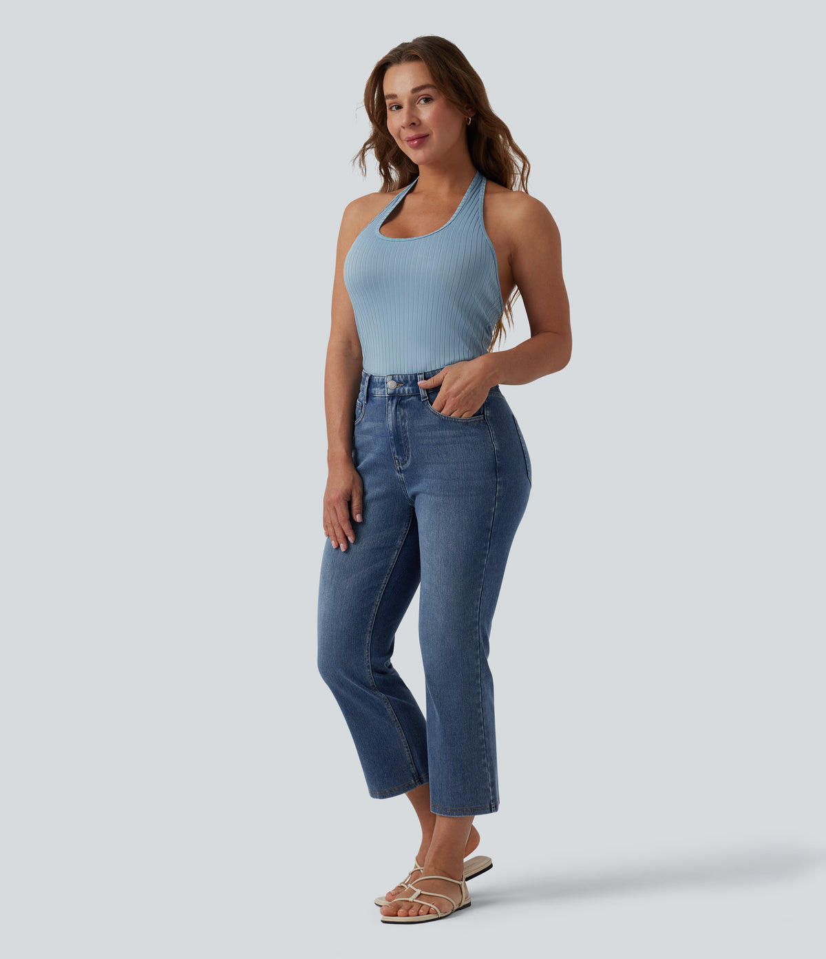 Mid Rise Bootcut Casual Jeans with Pockets — Tide Blue Denim — view 6