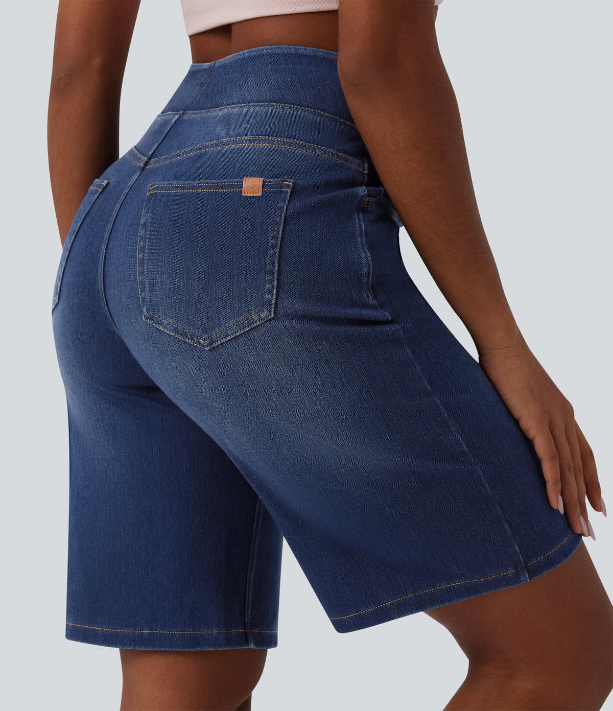High Waisted Denim Casual Bermuda Shorts with Pockets — Estate Blue Denim — view 5