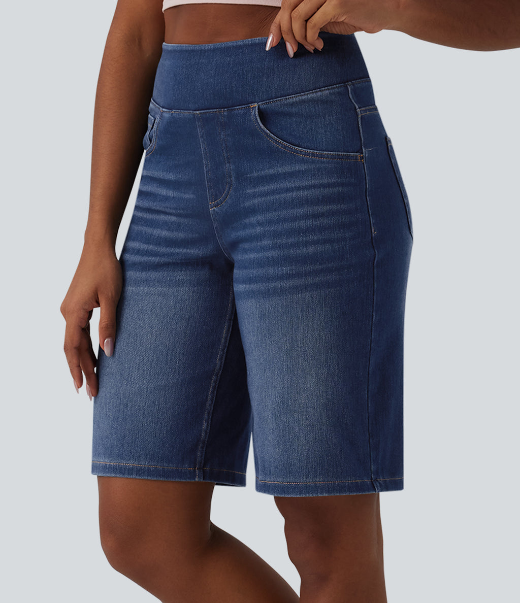 High Waisted Denim Casual Bermuda Shorts with Pockets — Estate Blue Denim — view 3