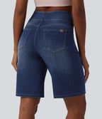 High Waisted Denim Casual Bermuda Shorts with Pockets — Estate Blue Denim — view 2