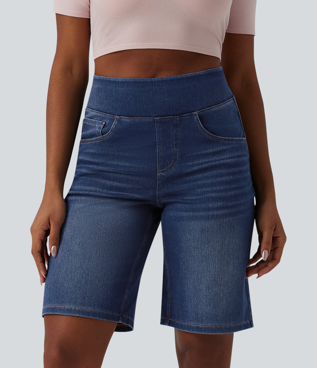 High Waisted Denim Casual Bermuda Shorts with Pockets — Estate Blue Denim — view 1