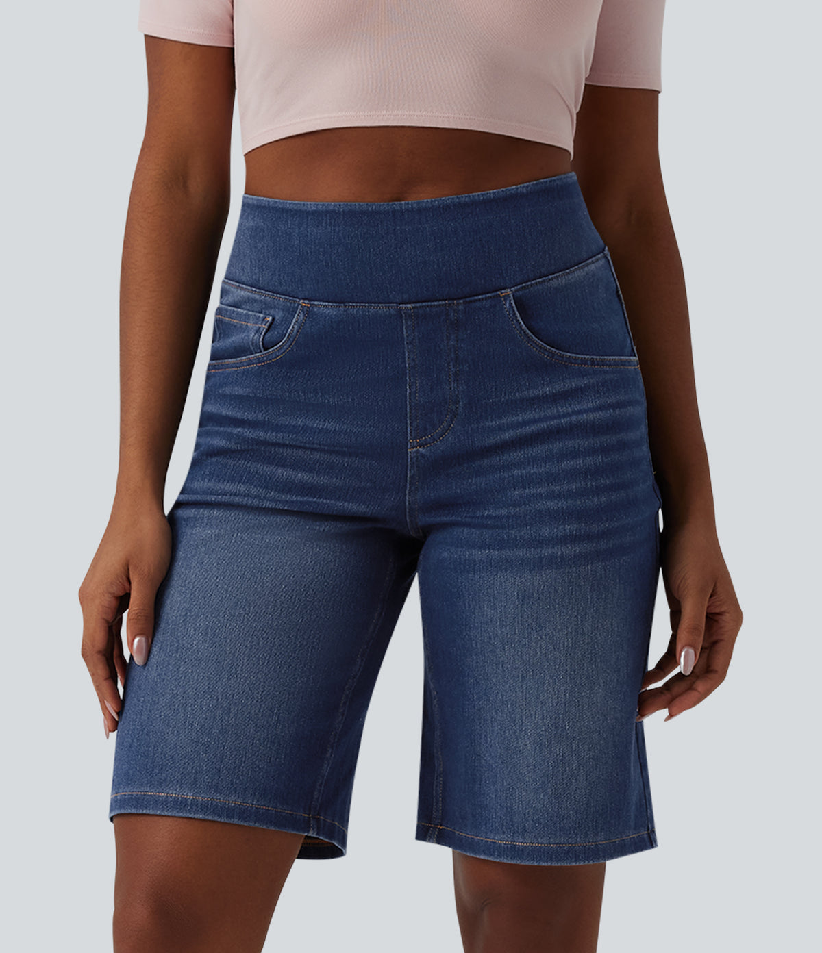 High Waisted Denim Casual Bermuda Shorts with Pockets — Estate Blue Denim — view 1