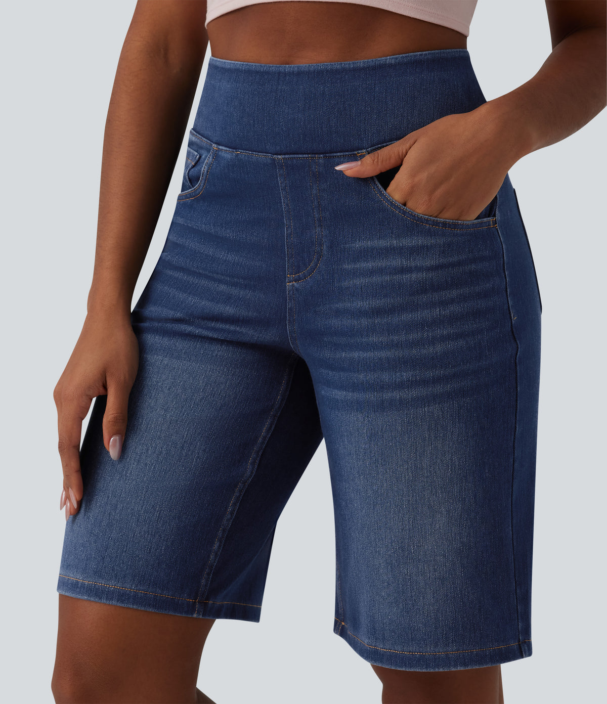 High Waisted Denim Casual Bermuda Shorts with Pockets — Estate Blue Denim — view 4