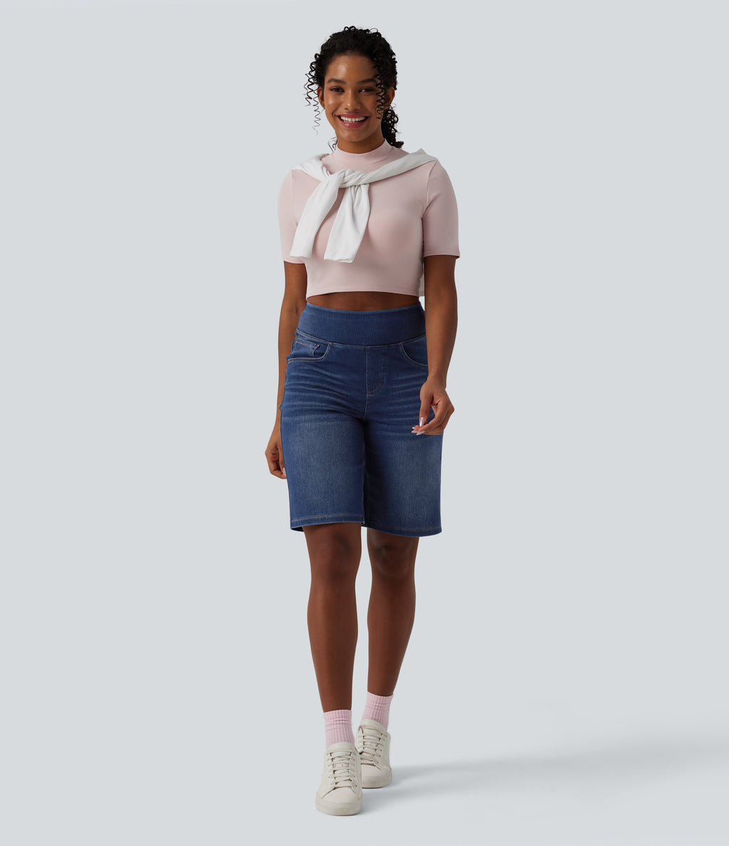High Waisted Denim Casual Bermuda Shorts with Pockets — Estate Blue Denim — view 6