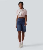 High Waisted Denim Casual Bermuda Shorts with Pockets — Estate Blue Denim — view 6