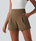 High Waisted Tummy Control Work Shorts 4'' with Pockets — Sepia — view 3