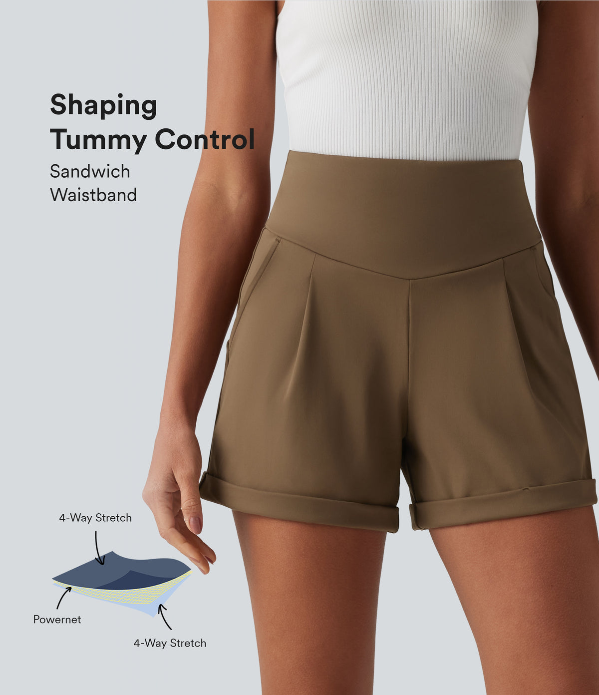 High Waisted Tummy Control Work Shorts 4'' with Pockets — Sepia — view 1