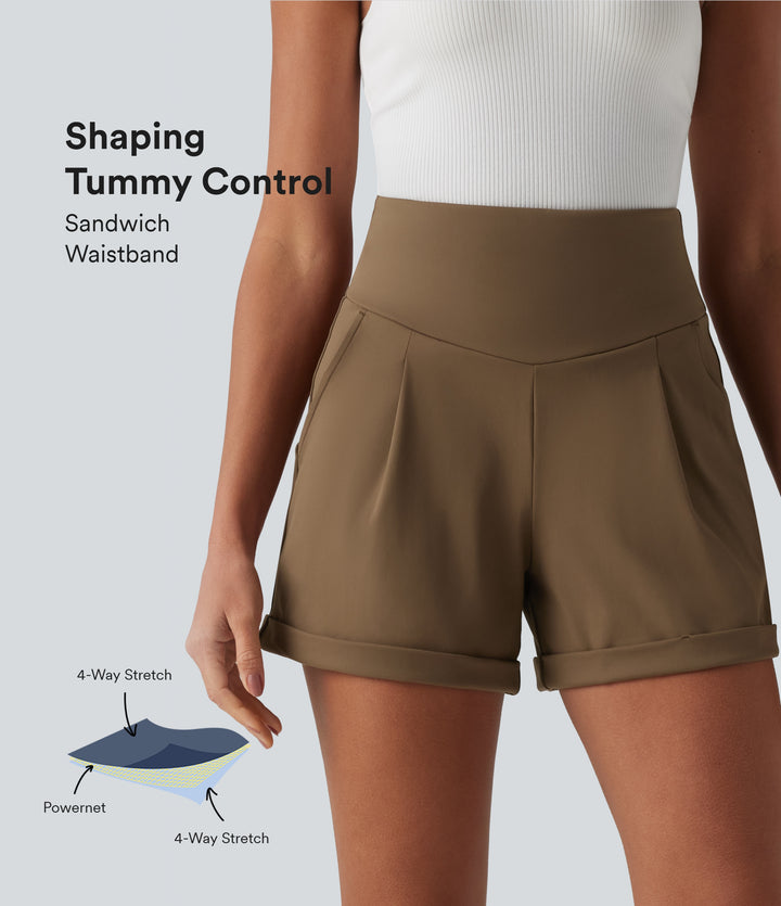 High Waisted Tummy Control Work Shorts 4'' with Pockets — Sepia — view 1