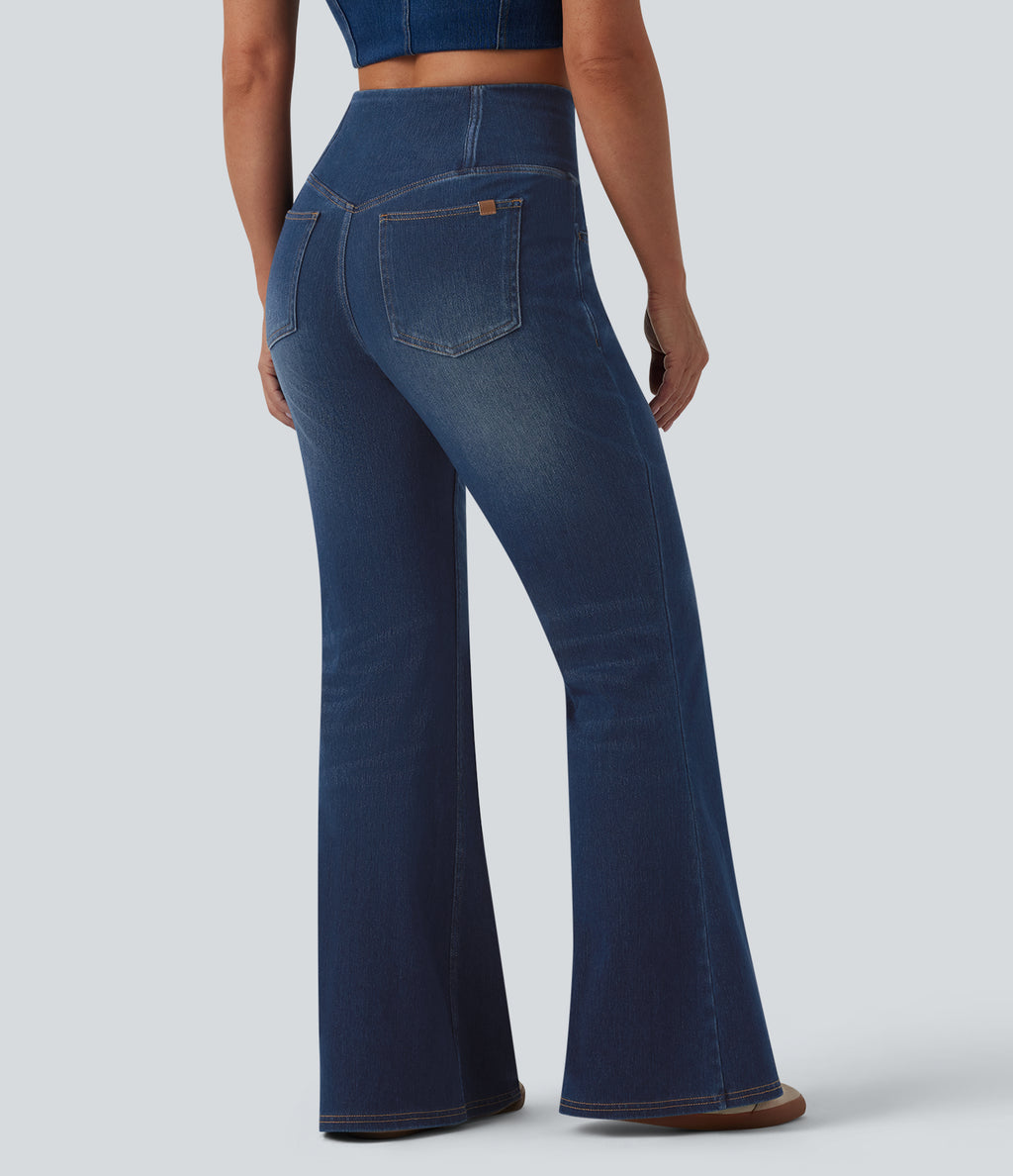 Crossover High Waisted Casual Flare Jeans with Pockets — Pageant Blue Denim — view 2