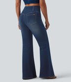 Crossover High Waisted Casual Flare Jeans with Pockets — Pageant Blue Denim — view 2