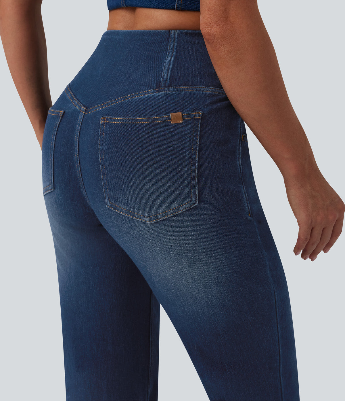 Crossover High Waisted Casual Flare Jeans with Pockets — Pageant Blue Denim — view 5