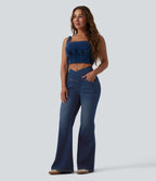 Crossover High Waisted Casual Flare Jeans with Pockets — Pageant Blue Denim — view 6