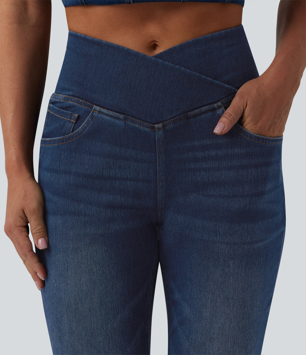 Crossover High Waisted Casual Flare Jeans with Pockets — Pageant Blue Denim — view 4