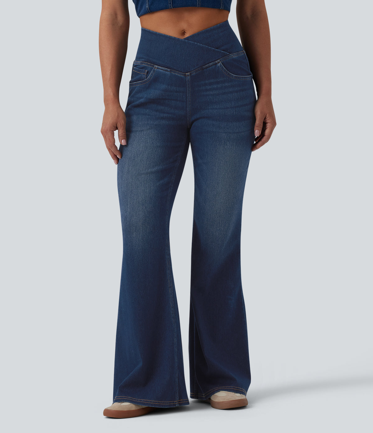 Crossover High Waisted Casual Flare Jeans with Pockets — Pageant Blue Denim — view 1