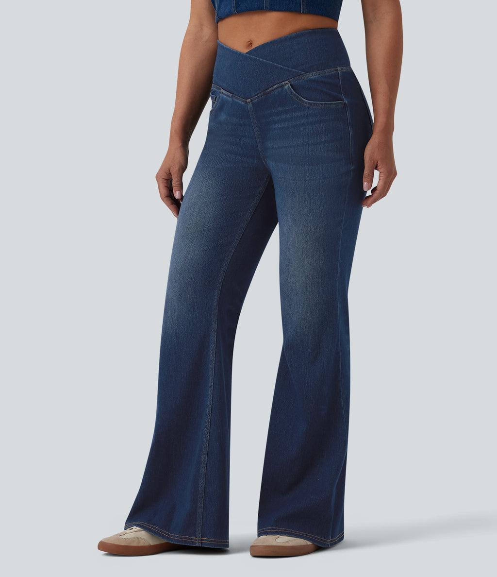 Crossover High Waisted Casual Flare Jeans with Pockets — Pageant Blue Denim — view 3