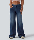Low Rise Wide Leg Stripes Casual Jeans with Pockets — Estate Blue Denim — view 1