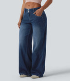 Low Rise Wide Leg Stripes Casual Jeans with Pockets — Estate Blue Denim — view 3