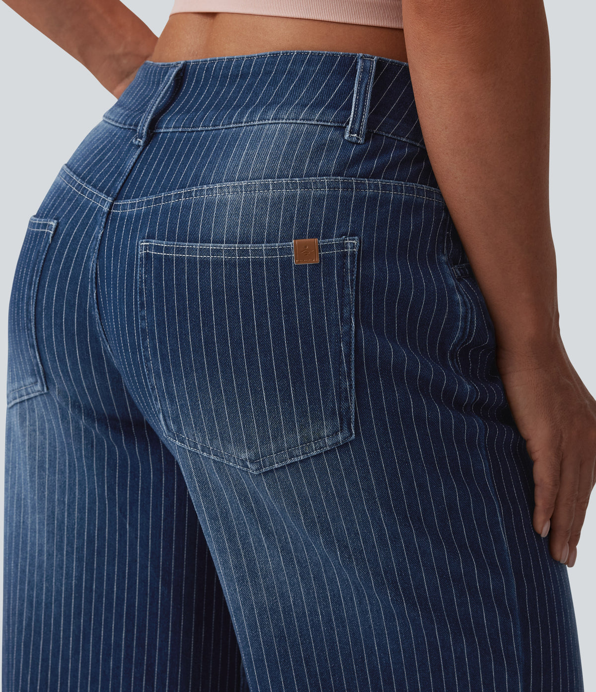Low Rise Wide Leg Stripes Casual Jeans with Pockets — Estate Blue Denim — view 5