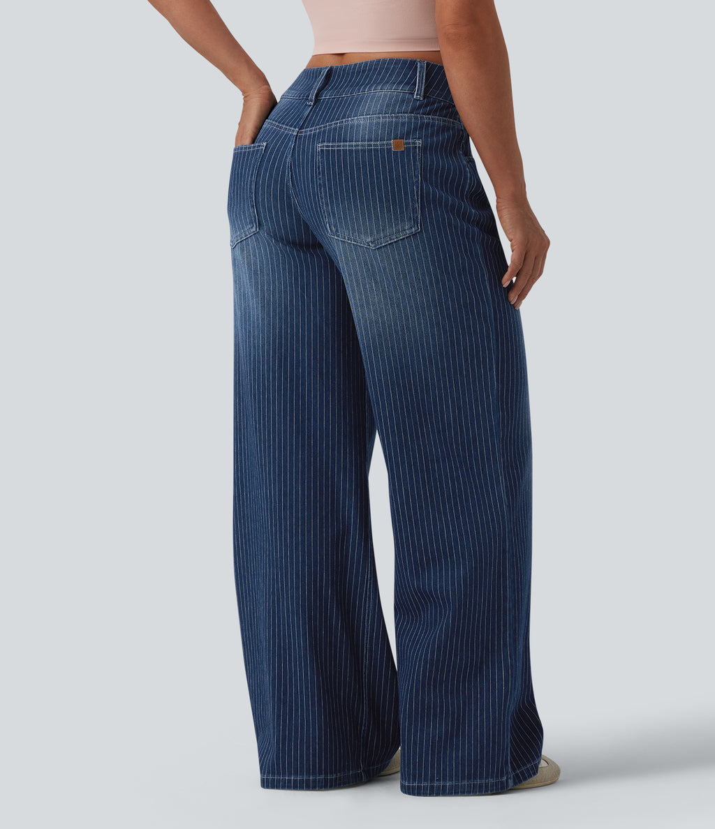 Low Rise Wide Leg Stripes Casual Jeans with Pockets — Estate Blue Denim — view 2