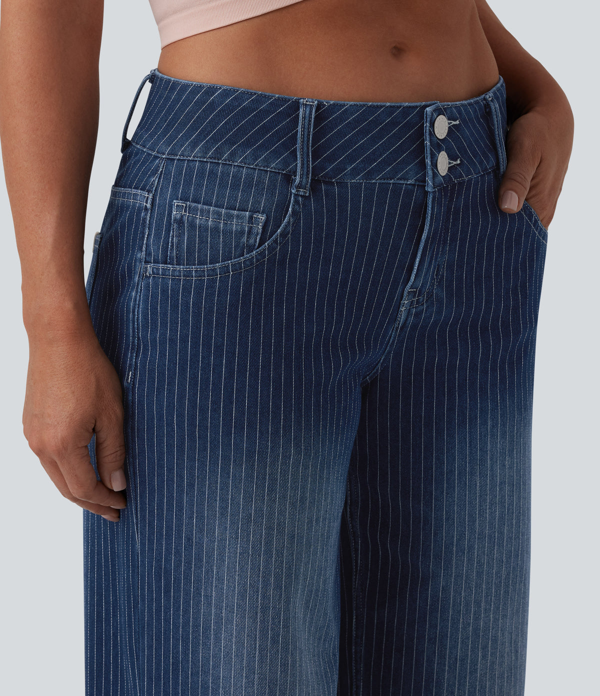 Low Rise Wide Leg Stripes Casual Jeans with Pockets — Estate Blue Denim — view 4