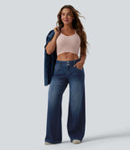 Low Rise Wide Leg Stripes Casual Jeans with Pockets — Estate Blue Denim — view 6