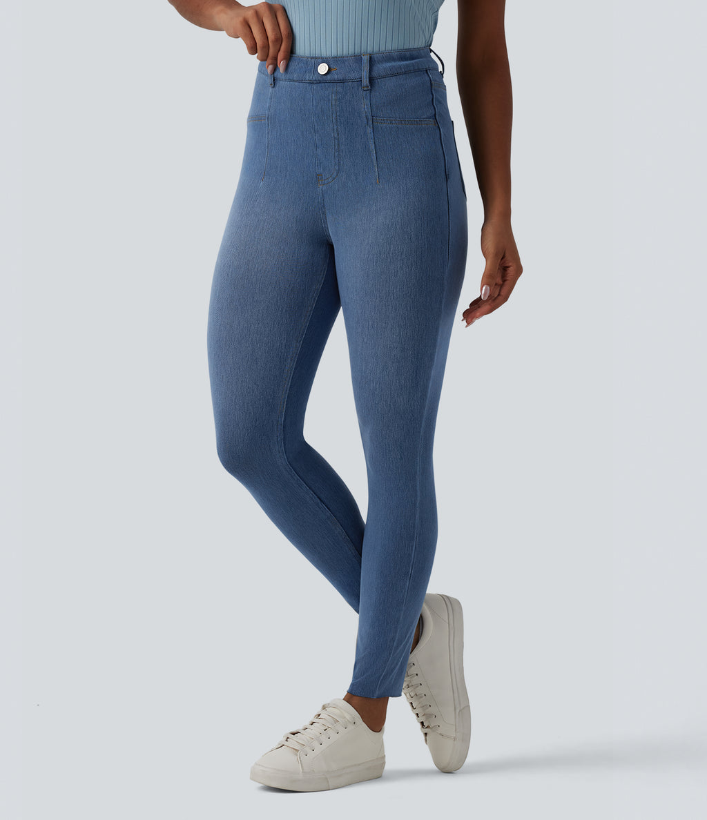 High Waisted Tummy Control Denim Casual Leggings with Pockets — Blue Jasper Denim — view 2