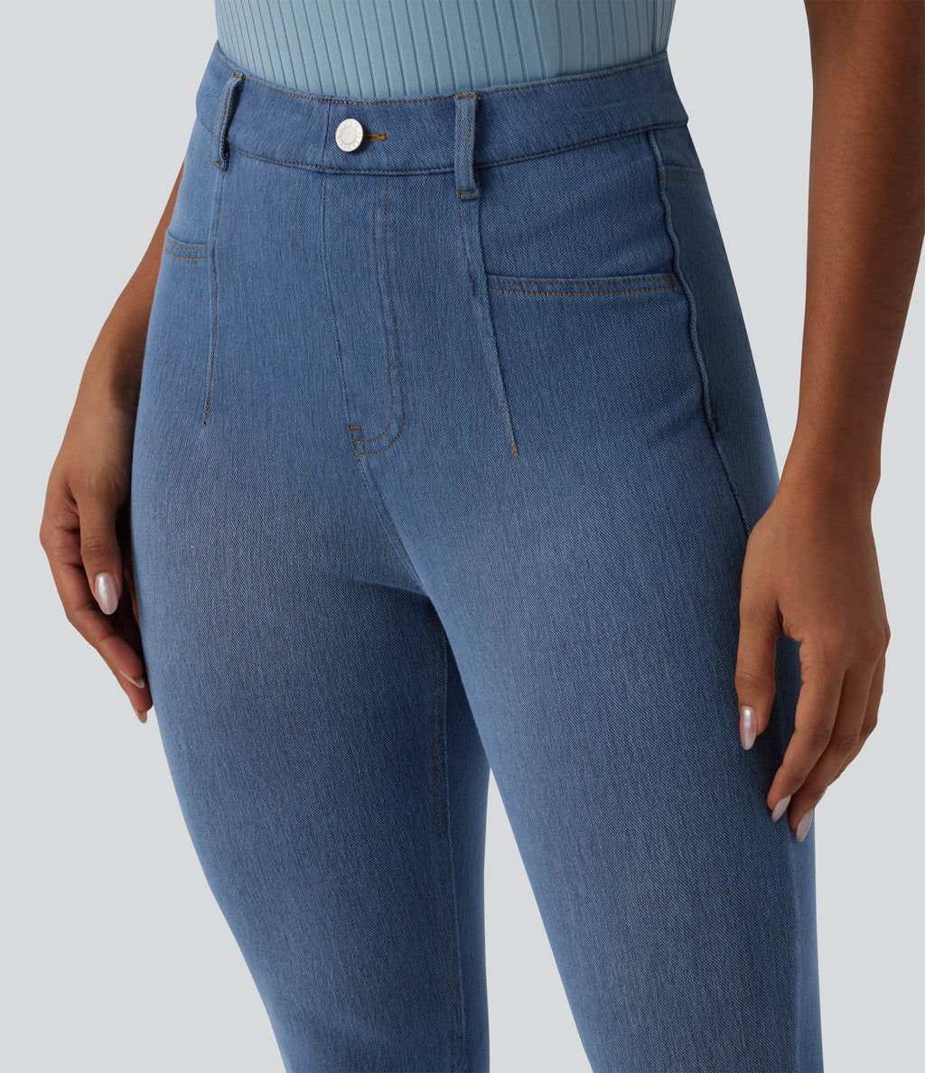 High Waisted Tummy Control Denim Casual Leggings with Pockets — Blue Jasper Denim — view 4