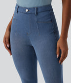 High Waisted Tummy Control Denim Casual Leggings with Pockets — Blue Jasper Denim — view 4