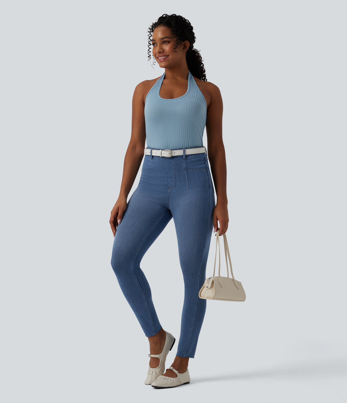 High Waisted Tummy Control Denim Casual Leggings with Pockets — Blue Jasper Denim — view 6