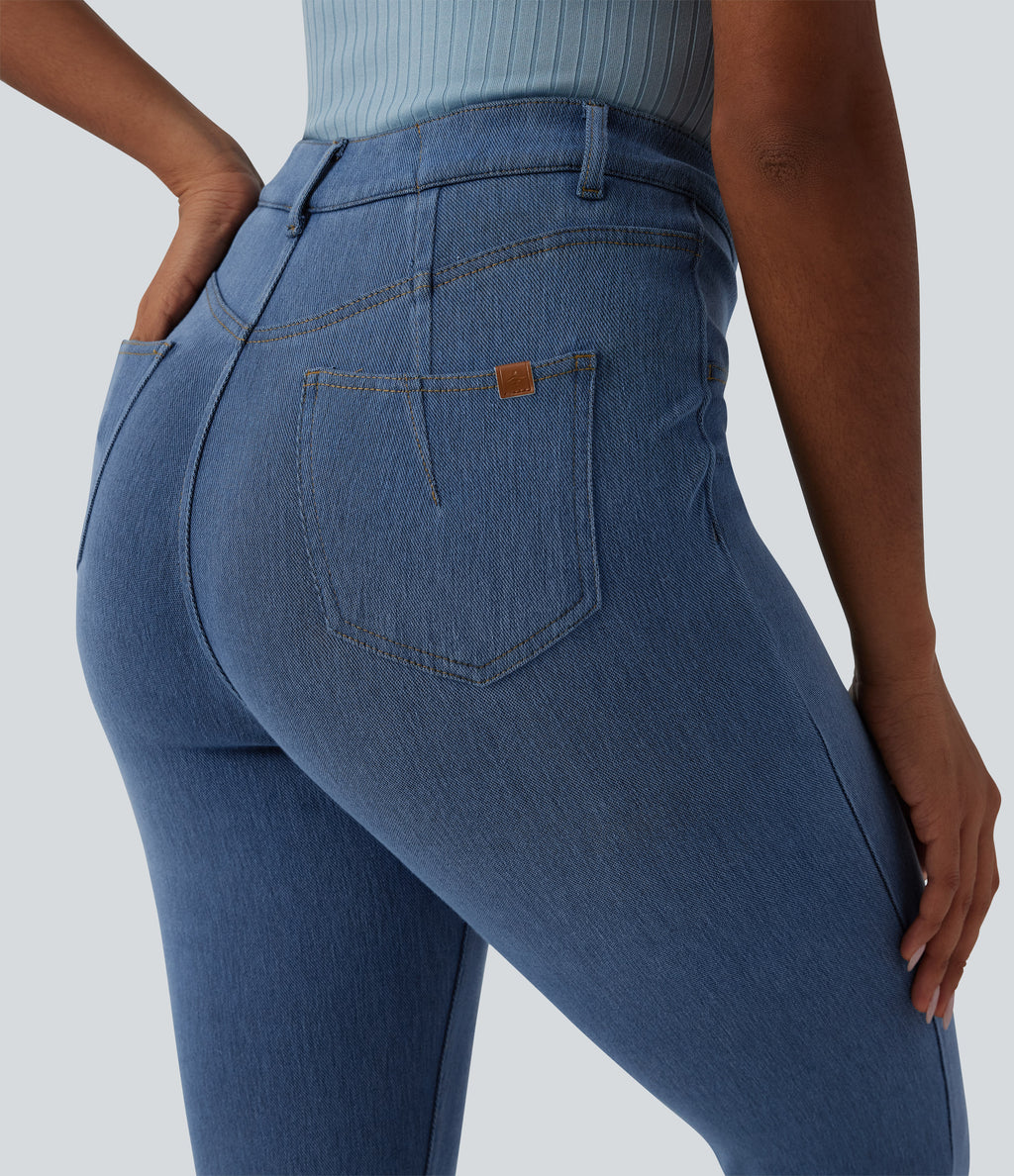 High Waisted Tummy Control Denim Casual Leggings with Pockets — Blue Jasper Denim — view 5
