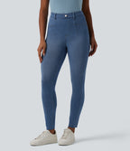High Waisted Tummy Control Denim Casual Leggings with Pockets — Blue Jasper Denim — view 3