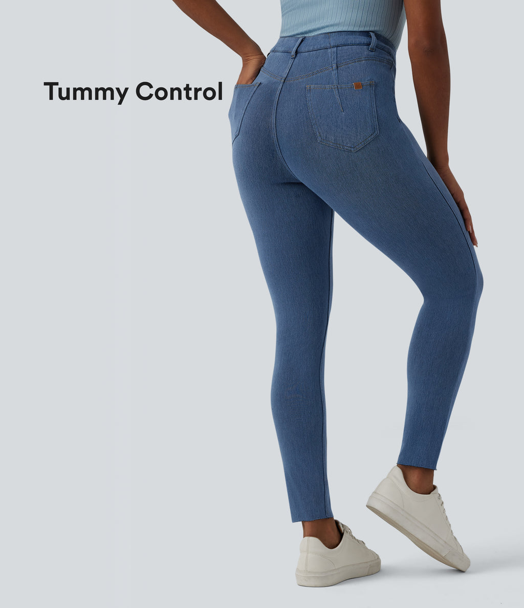 High Waisted Tummy Control Denim Casual Leggings with Pockets — Blue Jasper Denim — view 1