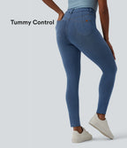 High Waisted Tummy Control Denim Casual Leggings with Pockets — Blue Jasper Denim — view 1