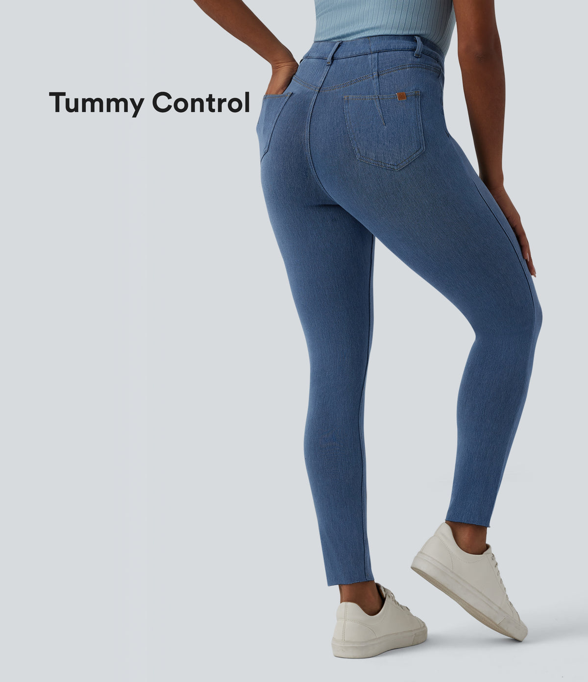 High Waisted Tummy Control Denim Casual Leggings with Pockets — Blue Jasper Denim — view 1