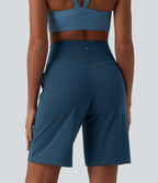 High Waisted Tummy Control Yoga Bermuda Shorts 10'' with Pockets — Majolica Blue — view 3