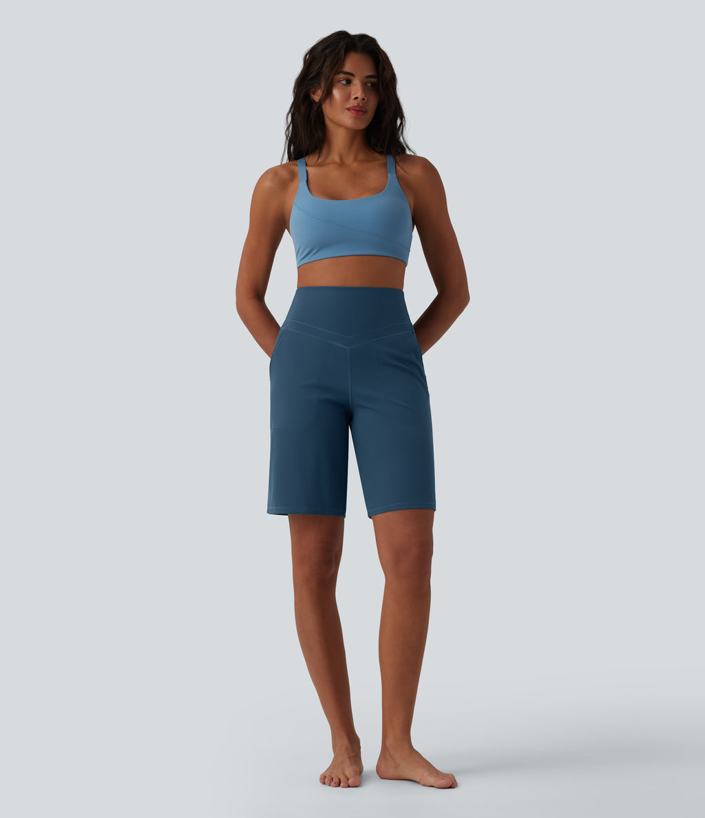 High Waisted Tummy Control Yoga Bermuda Shorts 10'' with Pockets — Majolica Blue — view 7