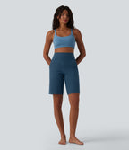 High Waisted Tummy Control Yoga Bermuda Shorts 10'' with Pockets — Majolica Blue — view 7