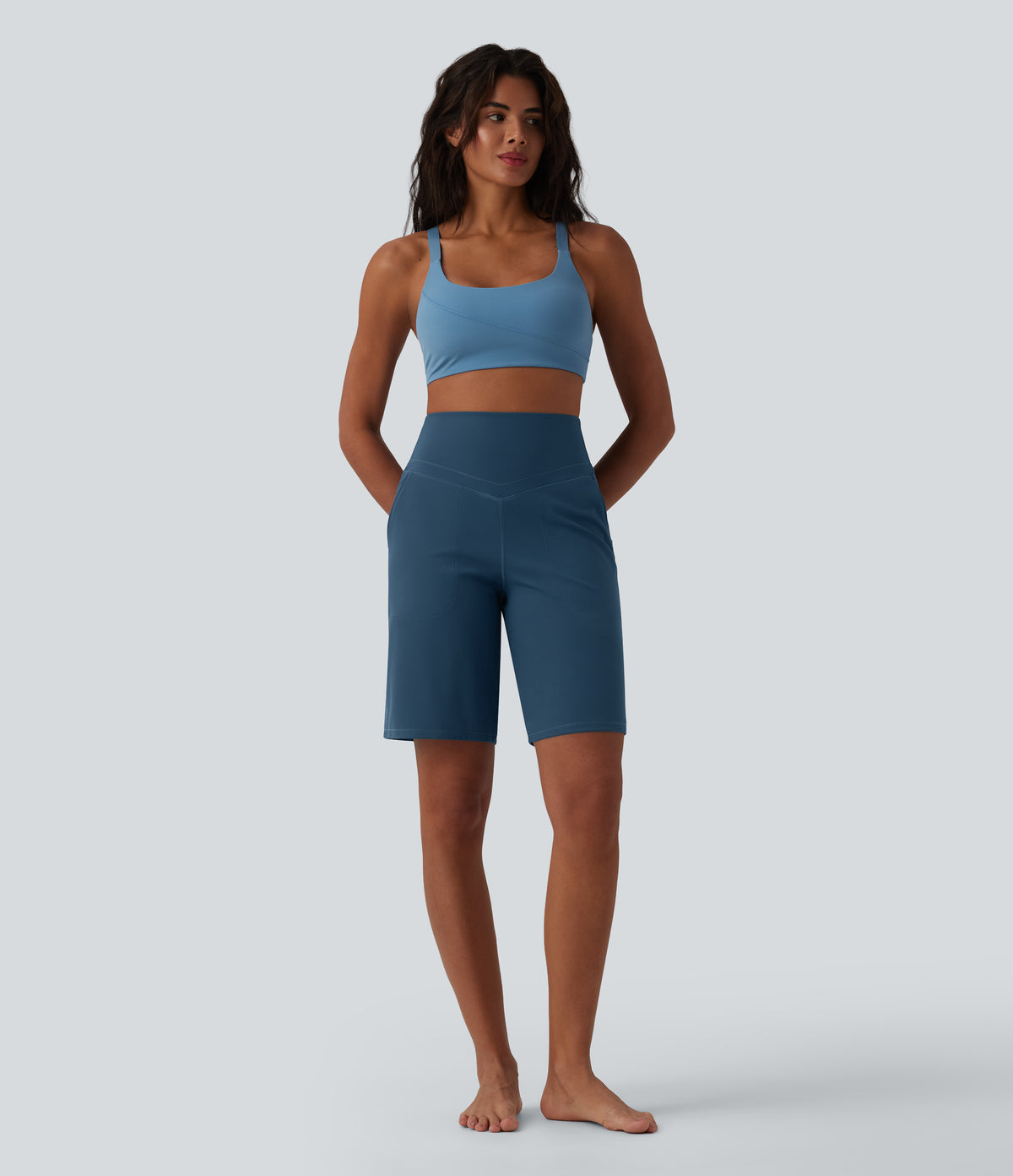 High Waisted Tummy Control Yoga Bermuda Shorts 10'' with Pockets — Majolica Blue — view 7
