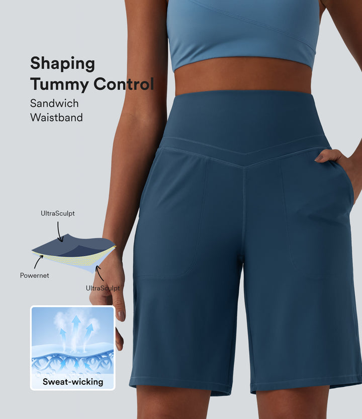 High Waisted Tummy Control Yoga Bermuda Shorts 10'' with Pockets — Majolica Blue — view 1