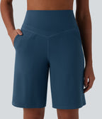 High Waisted Tummy Control Yoga Bermuda Shorts 10'' with Pockets — Majolica Blue — view 5