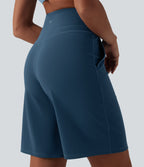High Waisted Tummy Control Yoga Bermuda Shorts 10'' with Pockets — Majolica Blue — view 6